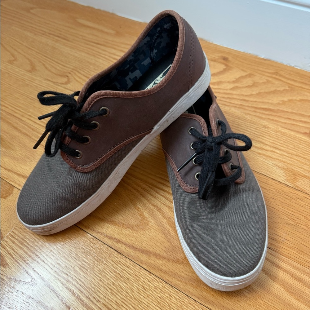 Dark gray and brown leather low top Vans